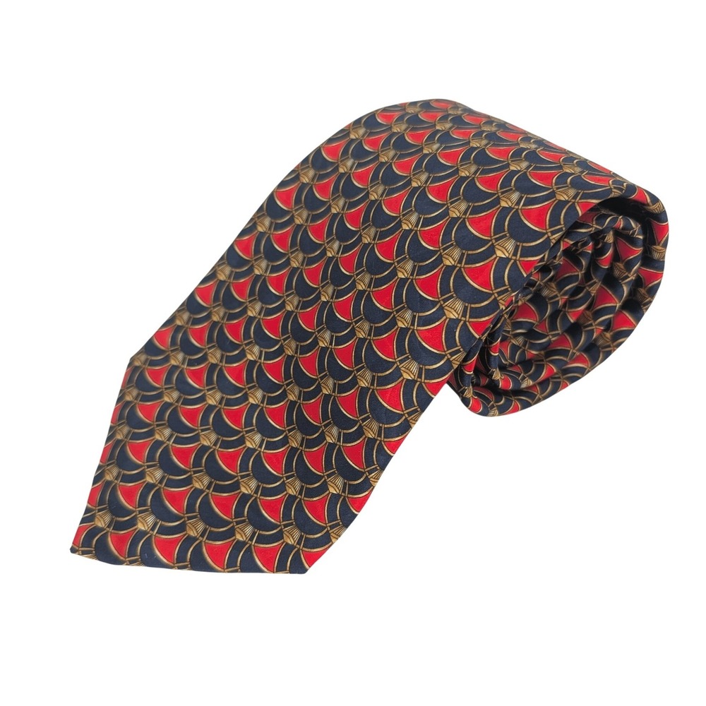 Lanvin Paris Silk Necktie Mens VTG Red Blue Gold Art Deco Scallop Made in France